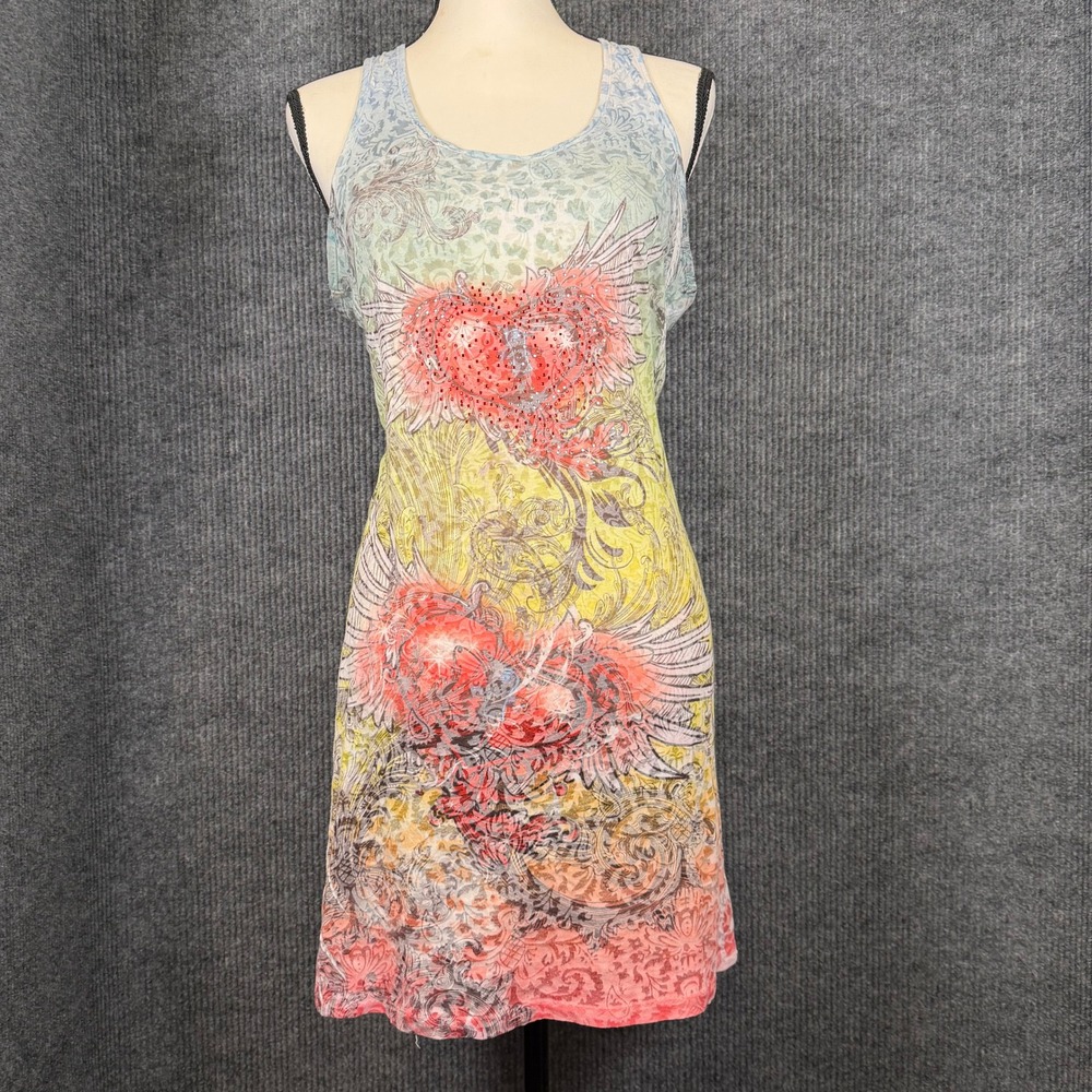 Y2K Prestige Rhinestone Heart Racerback Tank Dress M Tattoo Burnout Grunge Fairy